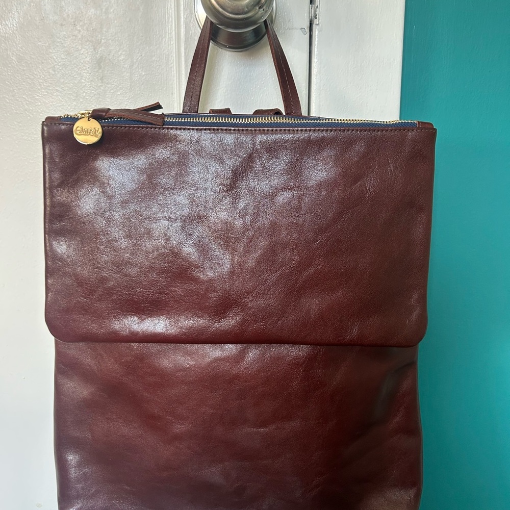 Classic Bordeaux Leather Backpack with Fold-Over pocket from Clare V.
